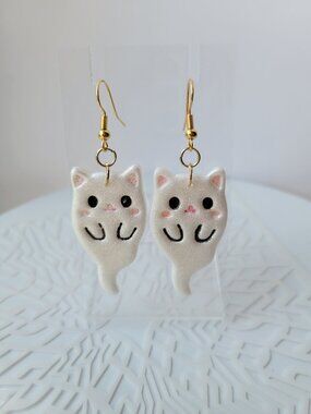 Handmade Ghost Cat Polymer Clay Earrings